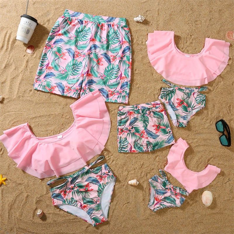

2026 Leaf Family Matching Swimsuits Two Piece Ruffled Mother Daughter Swimwear Daddy Mommy and Me Clothes Father Son Swim Shorts
