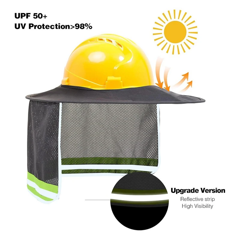 A27F-Hard Hat Sun Shade, High Visibility Sun Visor Neck Shade With Reflective Strip, Full Brim(Hard Hat Not Included) 2 Pack