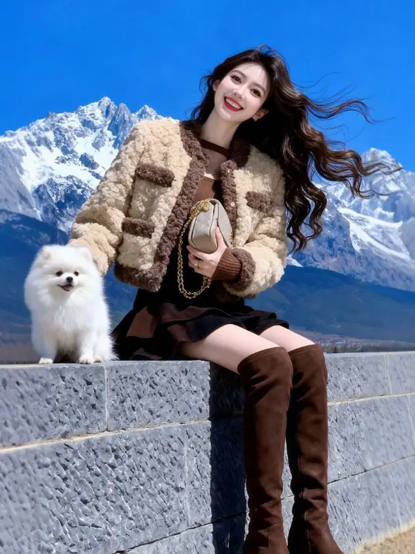 

Sli ort Lamb Fur Jaet Women's Thi Warm Top Faionable Spring Outerwear French Sle Loose Fit Button ket Detail