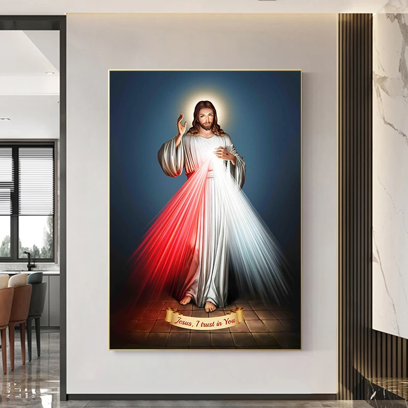 Vintage Glowing Jesus Christ Poster Jesus I Trust In You Quotes Canvas Painting Catholic Christian Living Room Home Decor Mural