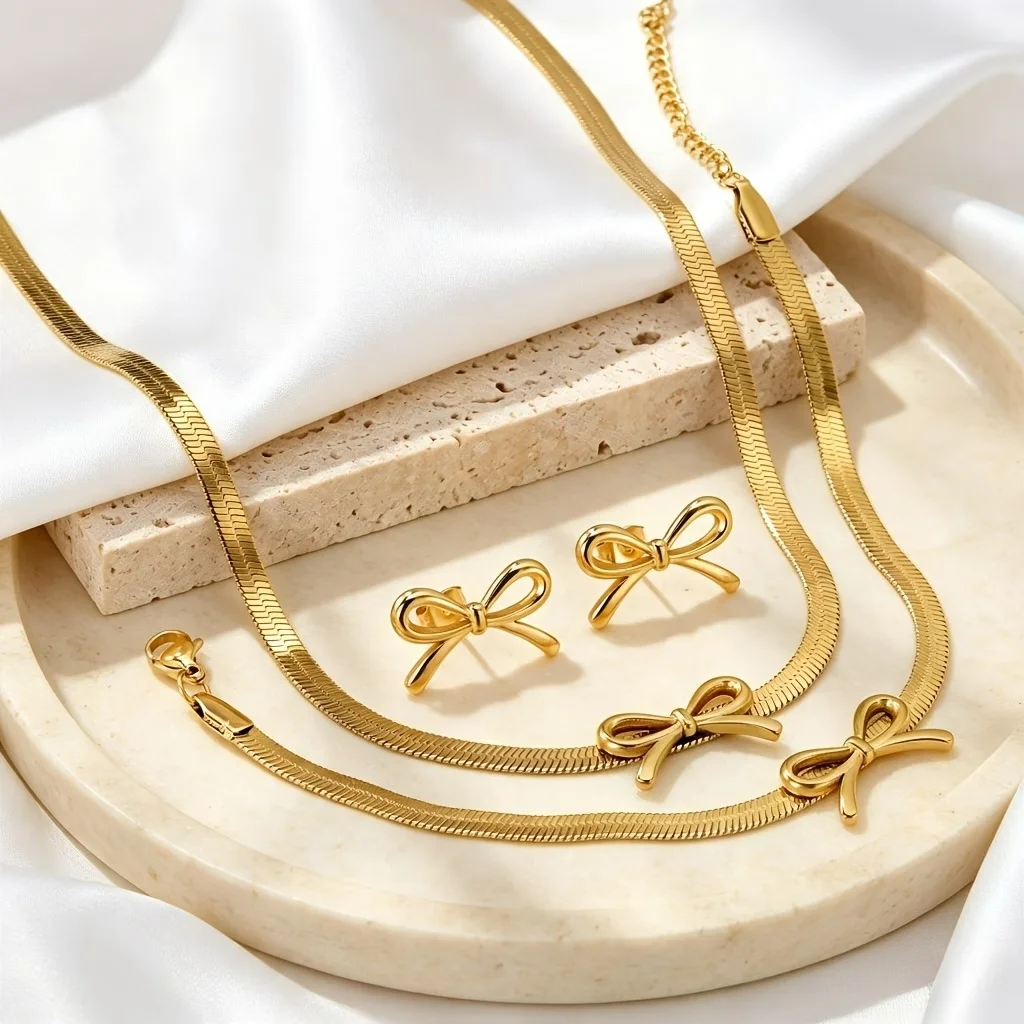 Girls French-style Bow Jewelry Set 316L Stainless Steel 18K Gold-Plated Three-Piece Includes Necklace Bracelet And Stud Earrings