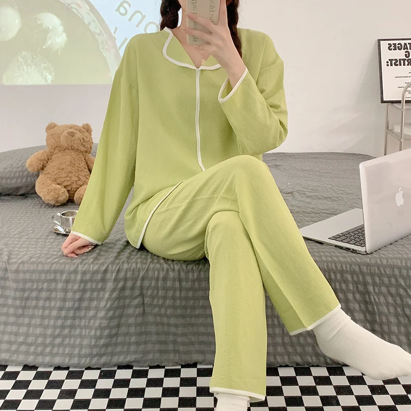 

Women's pajamas suit pullover lapel solid color simple casual two-piece spring and summer small fragrant pajamas home clothes