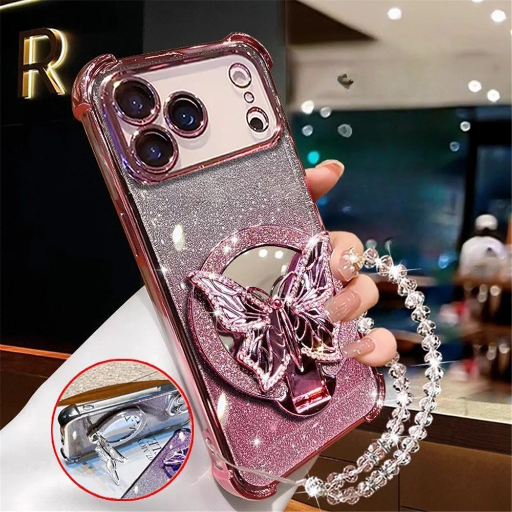 Crystal Bracelet Glitter Butterfly Mirror Stand Case For iPhone 17 16 15 14 13 12 11 Pro Max Plus 17 Air Shockproof Phone Cover