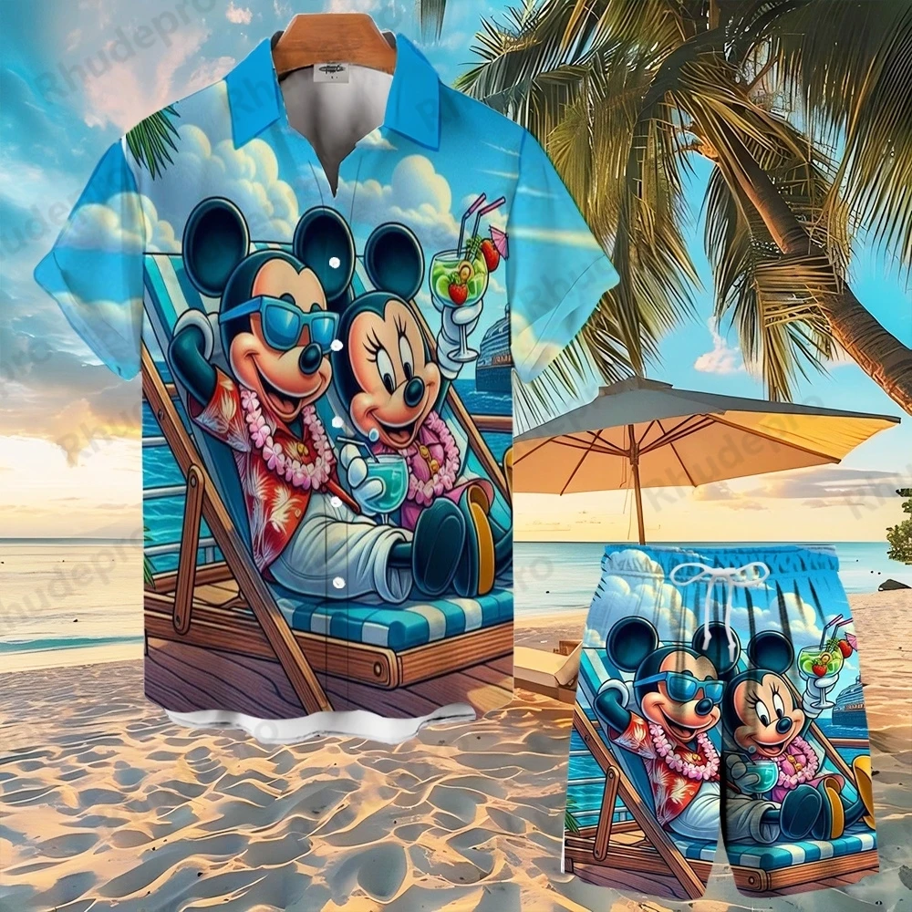 Disney Summer Mickey Mouse Button Shirt Set Cartoon Beach Shorts Hawaiian Men Women Shirt Short Sleeve Shorts Shirt Suit