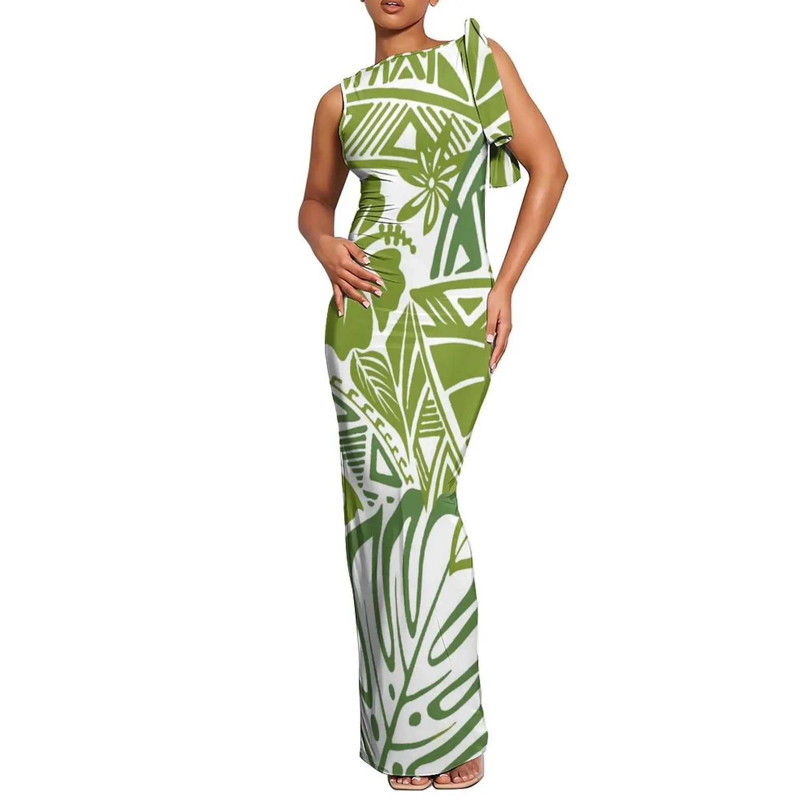 ใหม่คุณภาพสูงโลโก้ที่กําหนดเองแขนกุด Tie-Up ฤดูร้อนพรหมชุดผู้หญิง Maxi ยาว Polynesian Tribal พิมพ์ Wrap Dress