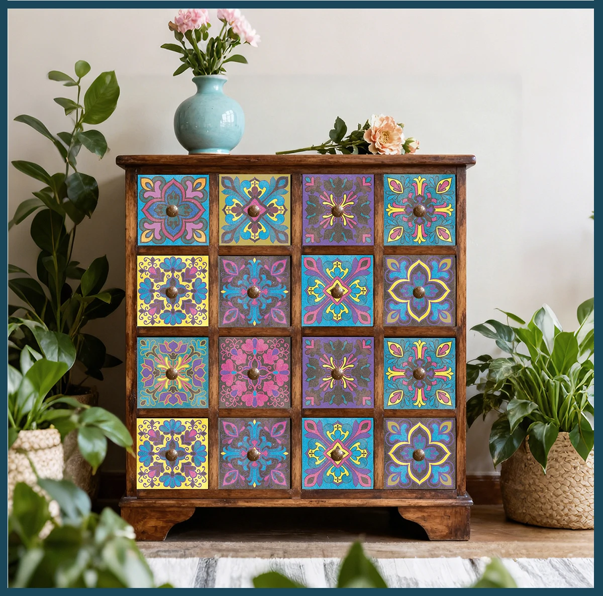 Boho Vibrant Mexican Mandala Tile Stickers Self Adhesive PVC Waterproof Oilproof Easy Clean Cabinet Kitchen Bath Home Wall Decor