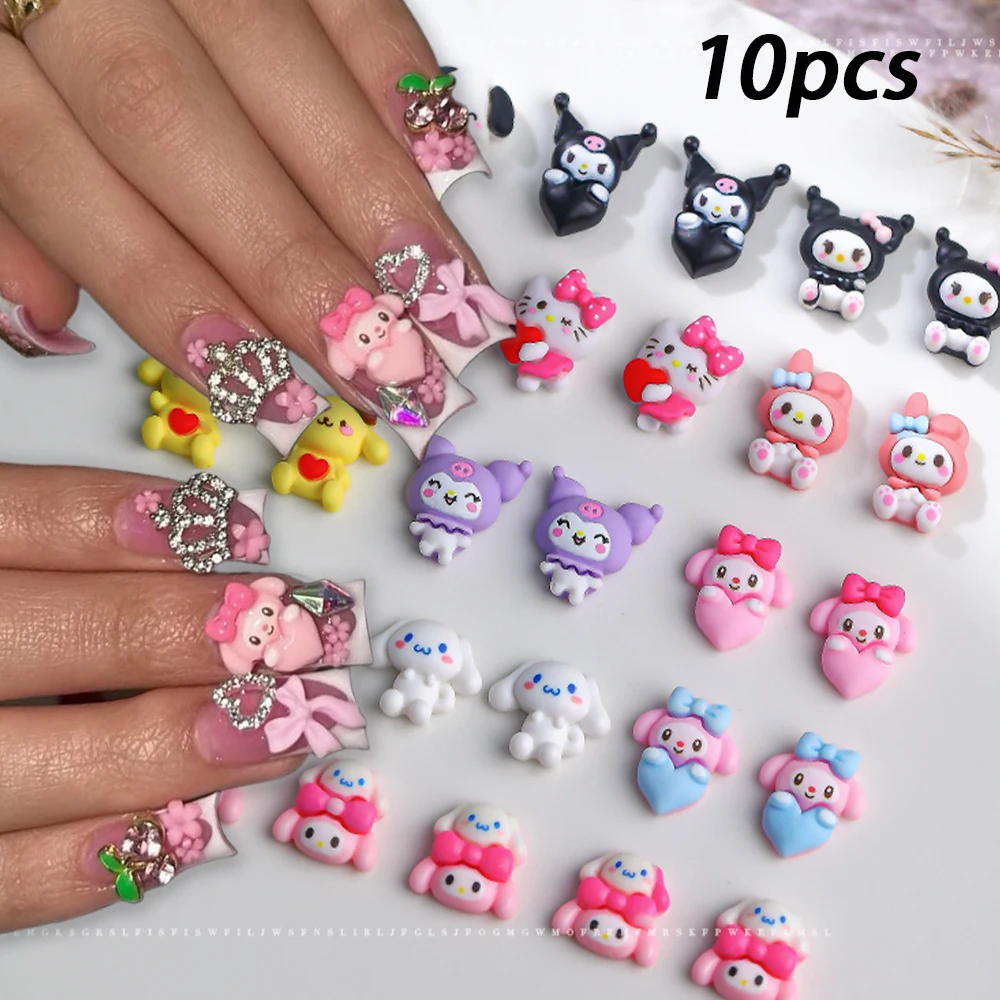 10Pcs Kawaii Pink Clutter/Junk Hello Kitty Nail Art Charms My Melody Cartoon Resin Nail Rhinestone Gems for Manicure Accessories