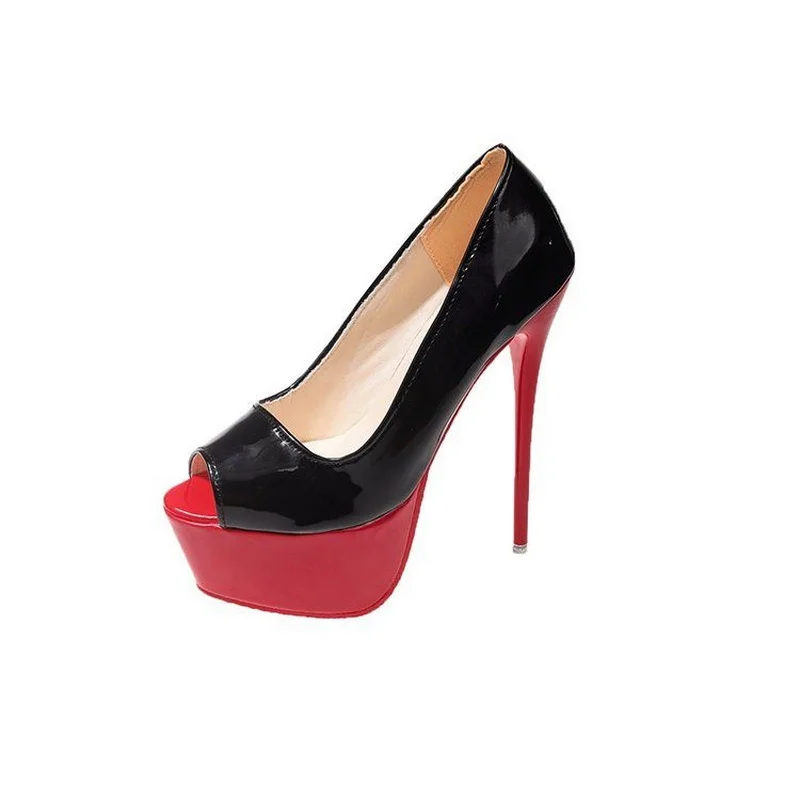 Caca 16Cm Vrouwen Platform Pumps, Gemengde Kleuren Hoge Hakken Lente Schoenen, Mode Sexy Peep Toe,Slip On, Zwart, Rood, Maat 35-43,Dropship