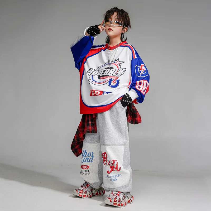 Kid Kpop Hip Hop Clothing White Print Sweatshirt Top Gray Casual Sweat Jogger Pants for Girl Boy Jazz Dance Wear Costume Clothes