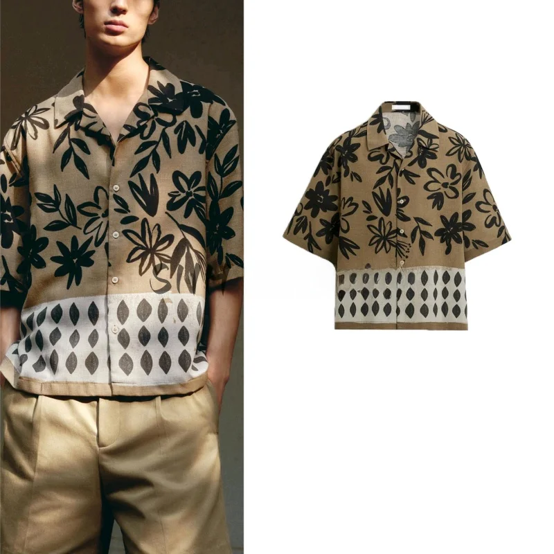 

Summer New Men's Casual Bowling irt Comfortable Loose Fit Printed Collar Design Youth Faion ort Sve Plant Floral