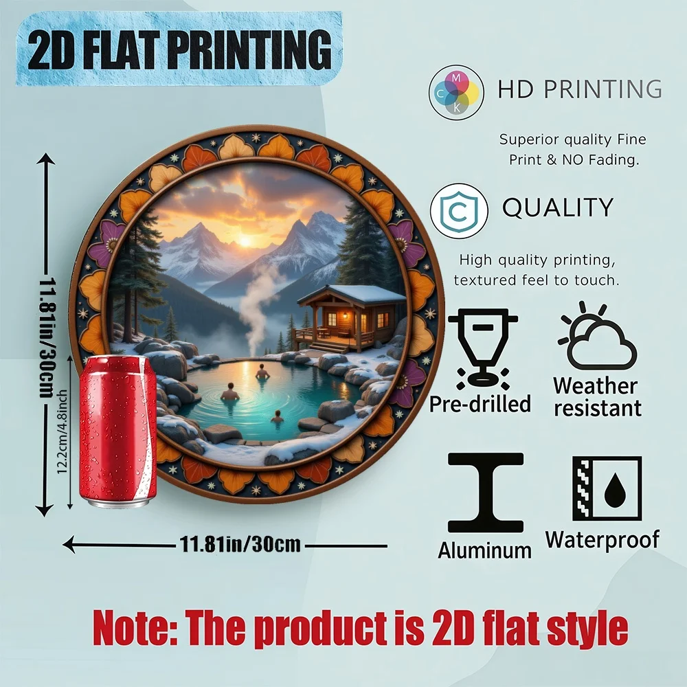 2D Flat - 11.81inch Three Individuals in a Hot Spring Design Round Wall Round Sign 1pc, Holiday Presents, Timeless Home Decorati
