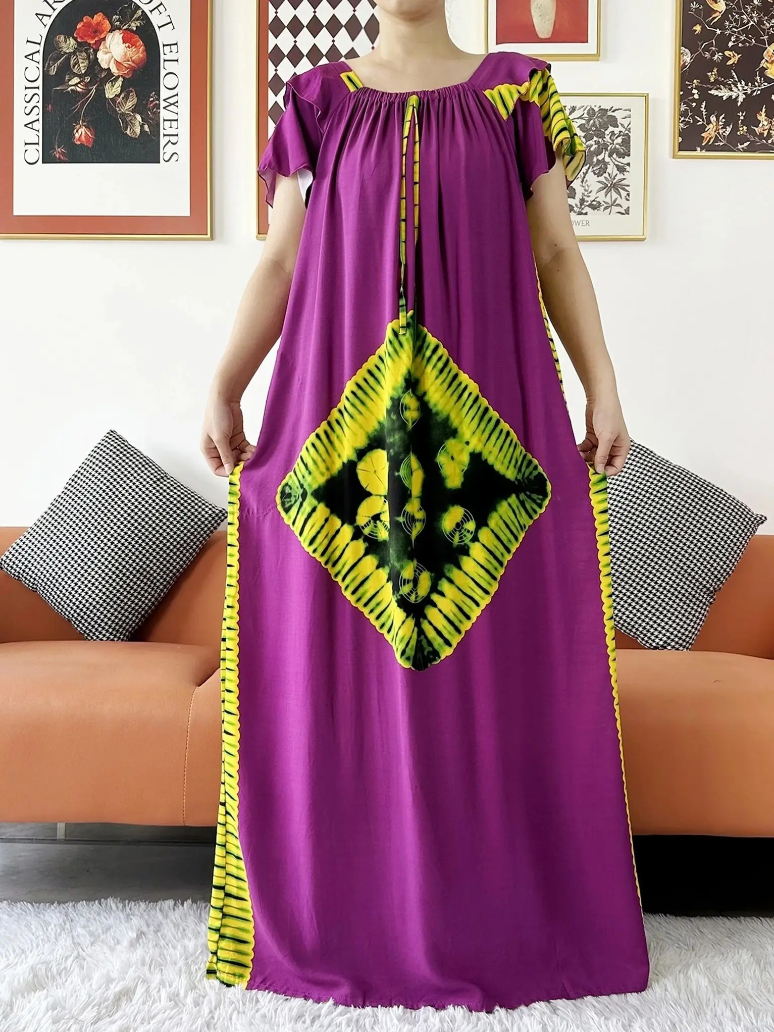 New Summer African Lady Kaftan Short Sleeve Loose Dress  Boat-Neck Floral Boubou Maxi Islam Women African Clothes