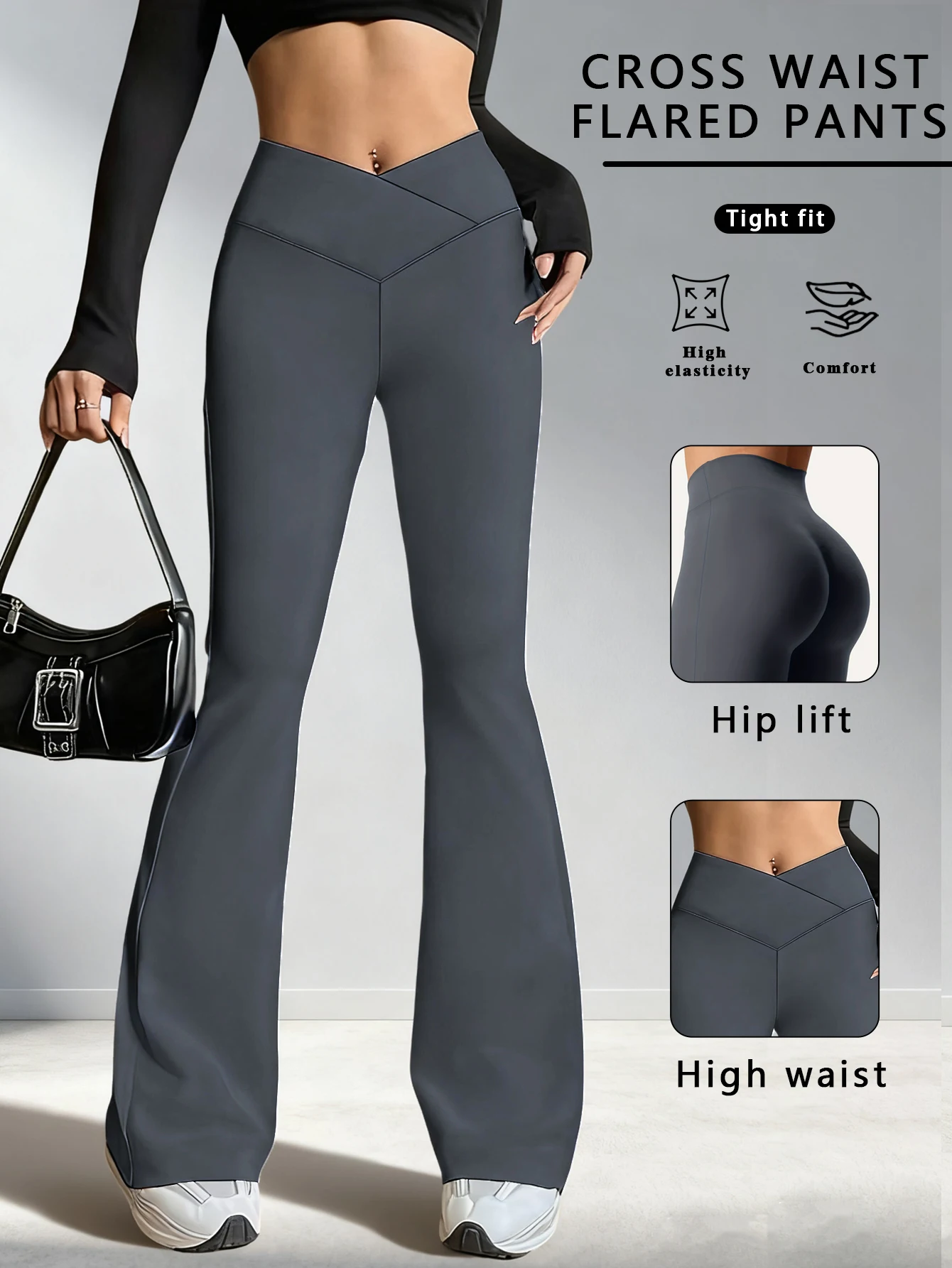 Calças femininas de perna larga ajuste fino elástico queimado calças primavera estilo cinza puro verão tamanho-etiquado calças de levantamento de quadril