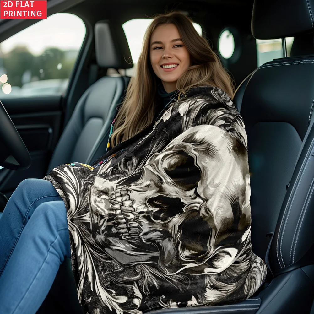 1pc Gothic Skull Print Blanket - Soft Flannel Bedspread Suitable for Sofa, Bed, Travel & Camping |   Lightweight Warm Bedding with Skull |   - Cozy Throw for,, Dorms |   Digital Printed for Home Furnishings, 2D Flat