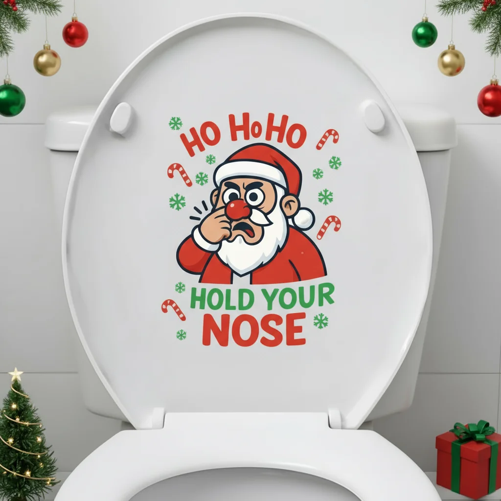 ملصق تواليت ذاتي اللصق "Ho Ho Hold Your Nose" - مقاوم للماء، فن عيد الميلاد المؤنس، سهل الاستخدام/إزالة ديكور الحمام