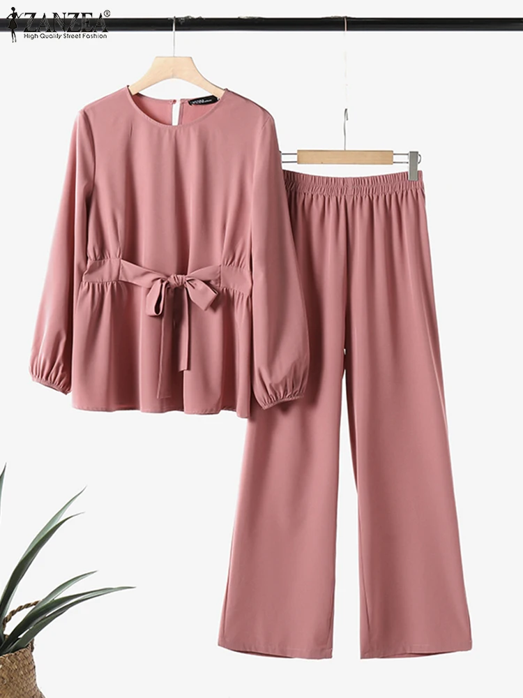 Frauen Solide 2PCS Hose Sets ZANZEA Urlaub Belted Langarm Bluse Outfits Mode Lange Hosen Anzug Casual Herbst Passenden sets