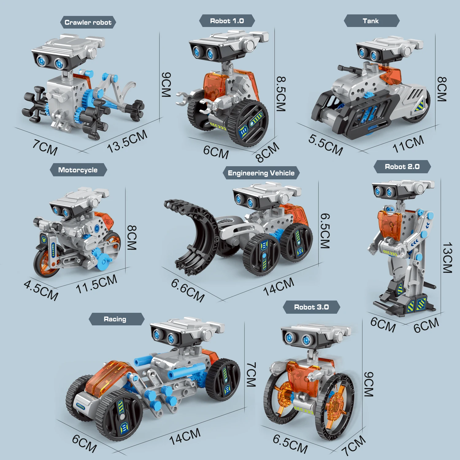 8 modèles de jouet robot créé dimensions des pièces