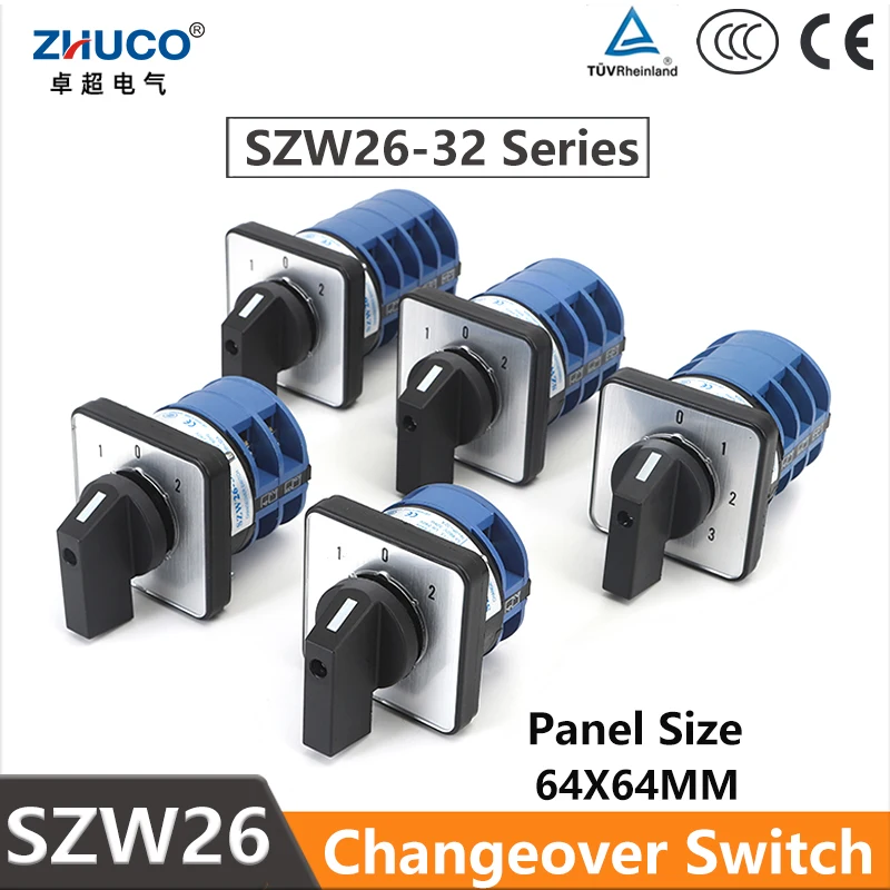 

ZHUCO SZW26/LW26-32 32A On Off On 3 Position 1-4 Phase 1-0-2 Universal Cam Changeover Switch 660V 4/8/12/16 Terminals
