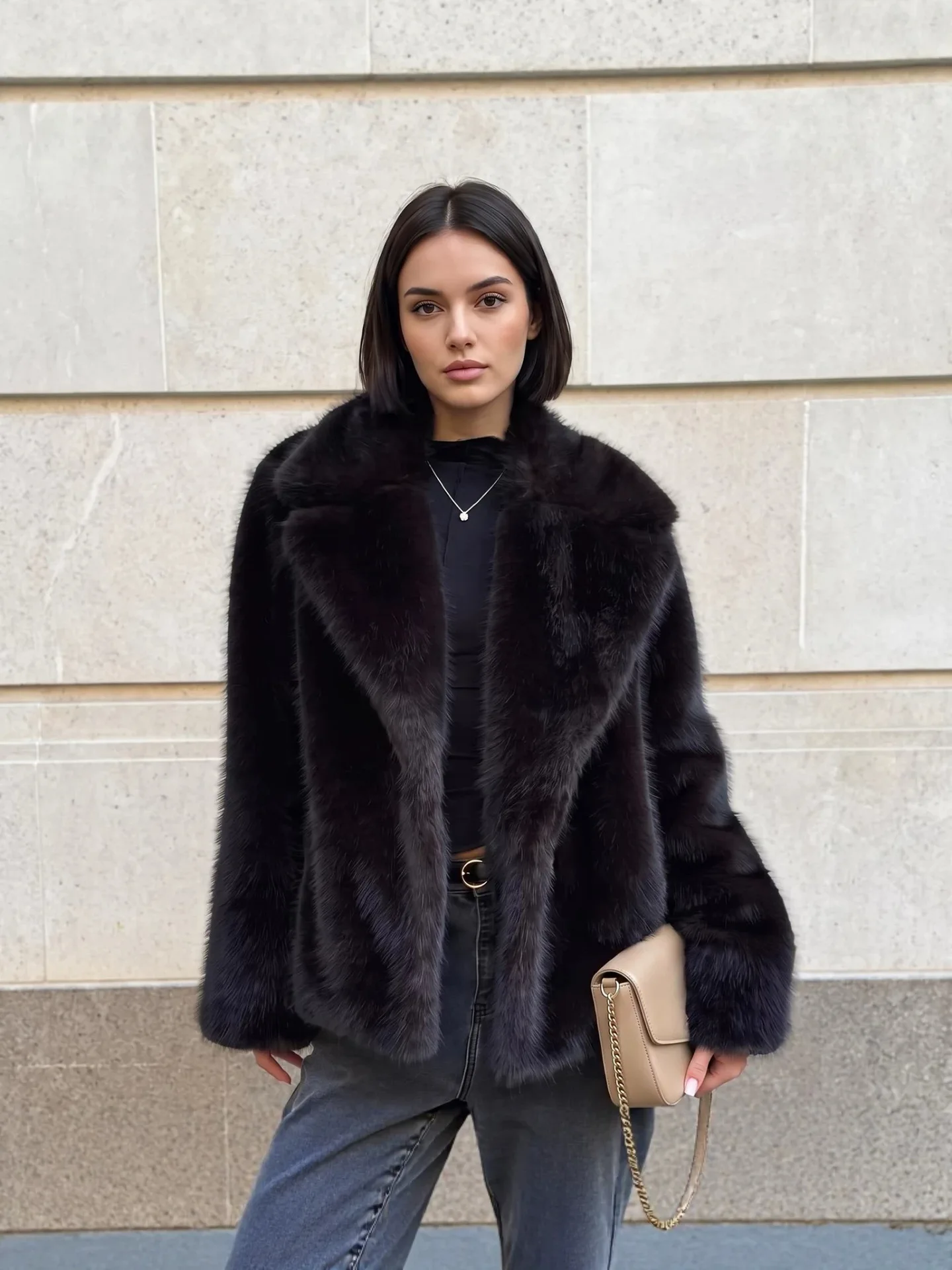 Elegant Black Faux Fur Coat for Women Loose Oversized Fox Fur Medium to Long Collar Suit Collar