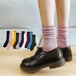 Solid Color Socks Women Sweet Girl Lolita Kawaii Cute Ruffle Socks Korean Style Harajuku Retro Streetwear Black White Gray Socks