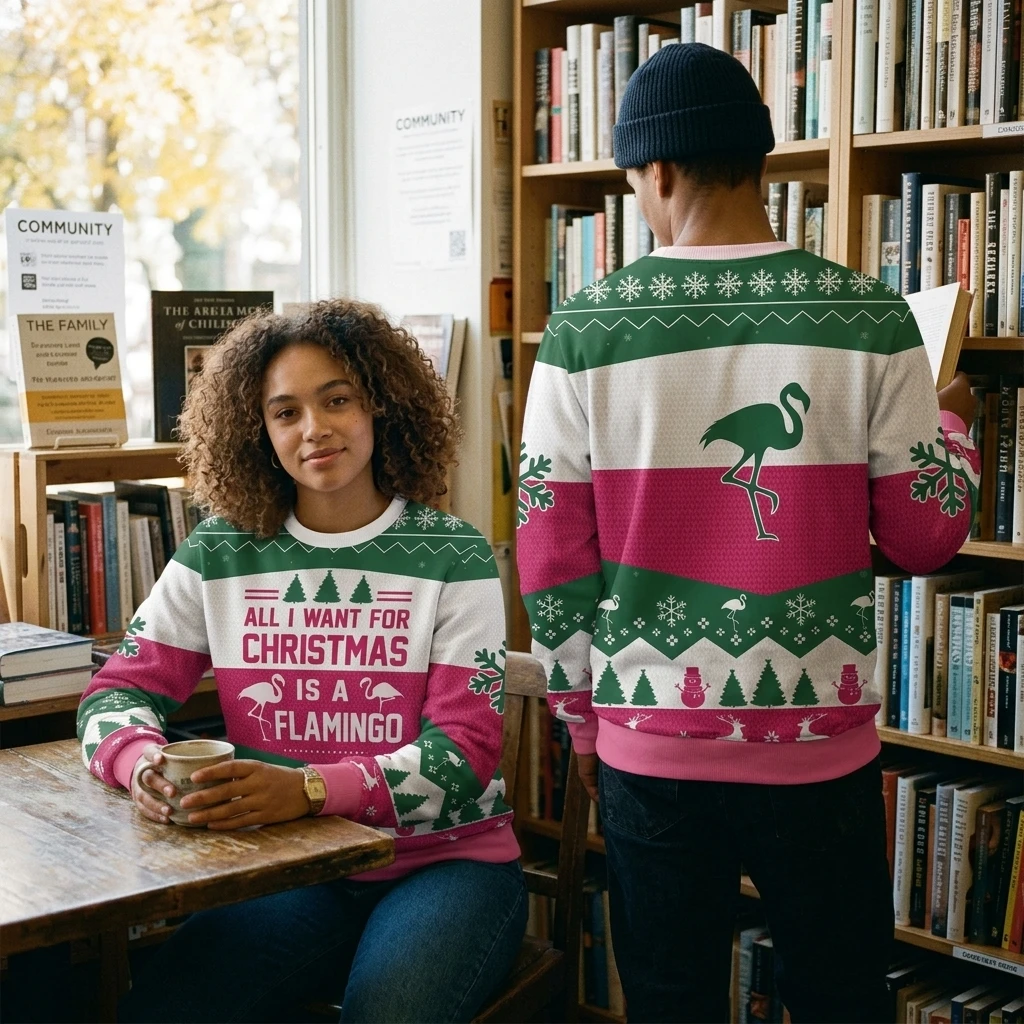 Xmas Flamingo Ugly Sweatshirt Parent-Child Long Sleeve Crewneck Pullover Winter Holiday Xmas Party Geometric Tops Sweatshirt