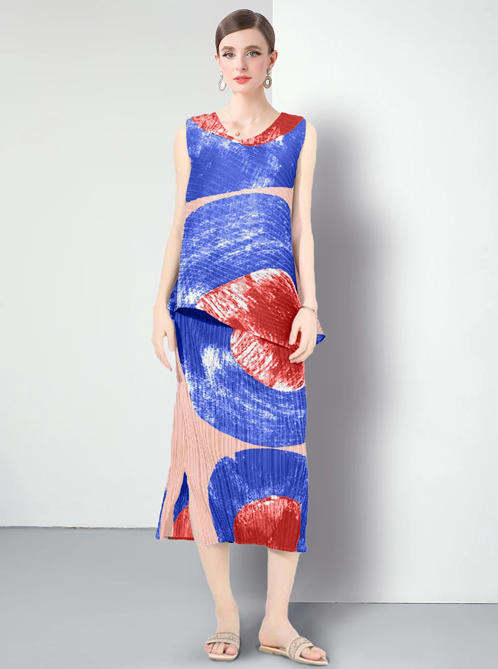

Wrinkle Printed Fashionable Casual Suit for Women in Summer 2025, New Sleeveless Slanted Top, Elastic Waist Split Skirt
