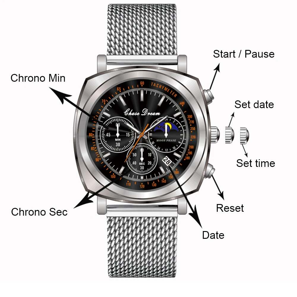 

Fashion Chronograph Watch Men Luxury Quartz Wristwatches 43mm Square Chrono Watches Sports Moon Phase Clocks Gift for Man 2023