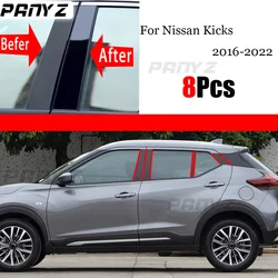 8PCS Black Polished Pillar Posts Fit For Nissan Kicks 2016 - 2022 Car Window Trim Cover BC Column Sticker Chromium Styling