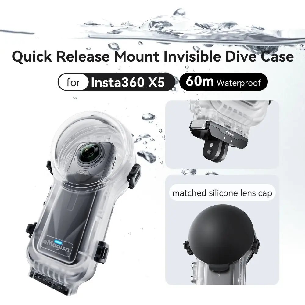 60M Invisible Dive Case with Lens Cap Hard Underwater Diving Shell Clear Housing Cover for Insta360 X5 Action Camera Accessories