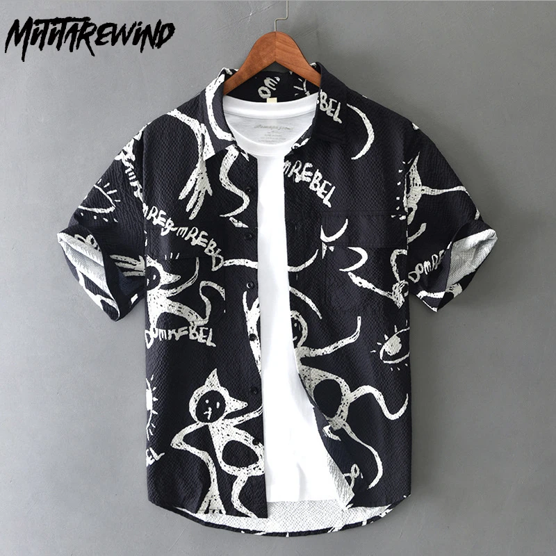 

2024 New Fashion Short Sleeve Printed Shirts for Men High Street Loose Men Tops Youth Personality Summer Causal Men's Clothing