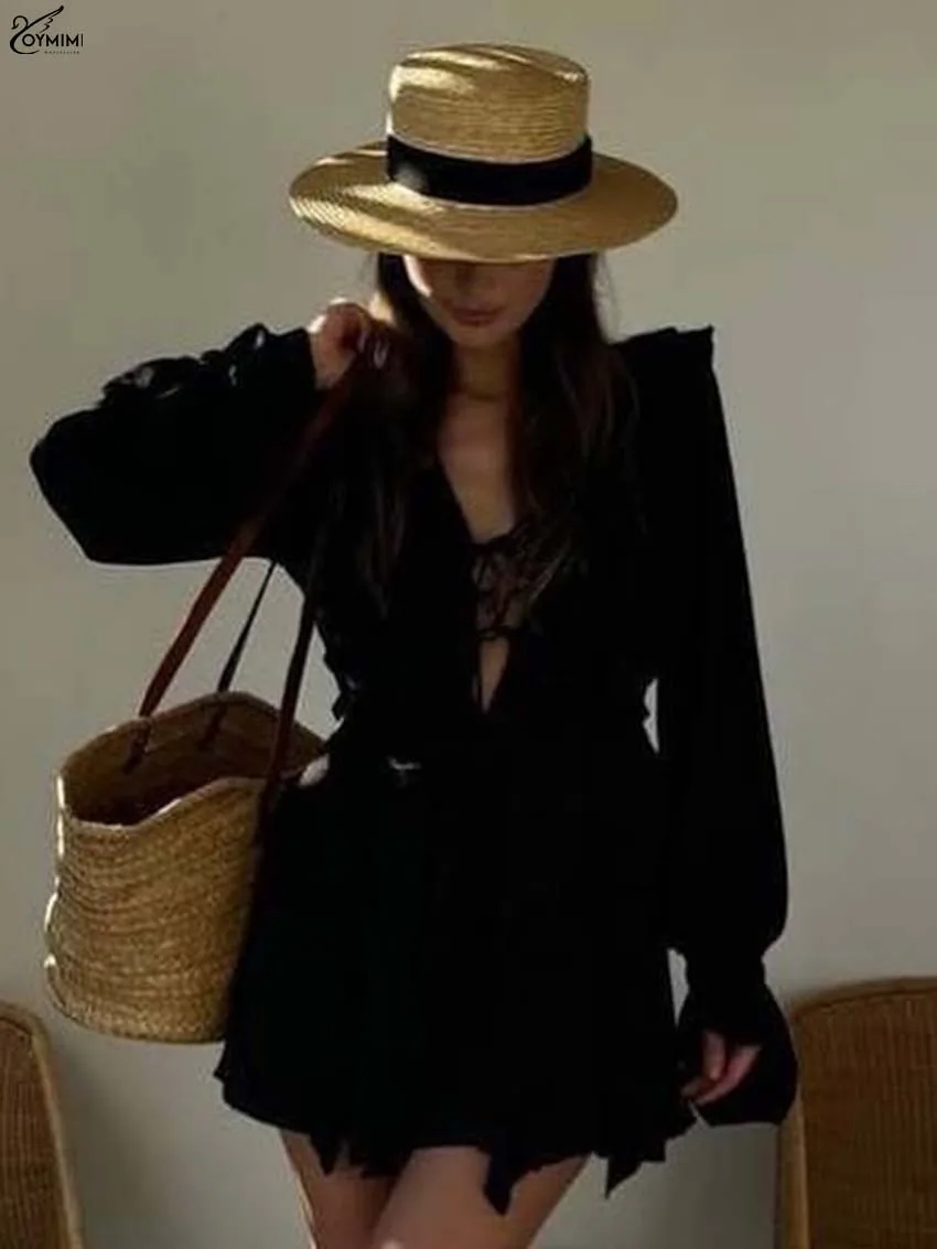 

Oymimi Casual Black Deep V-Neck Womens Dresses Fashion Long Sleeve Ruffled Lace-Up Dresses Autumn High Waisted Mini Dress Female