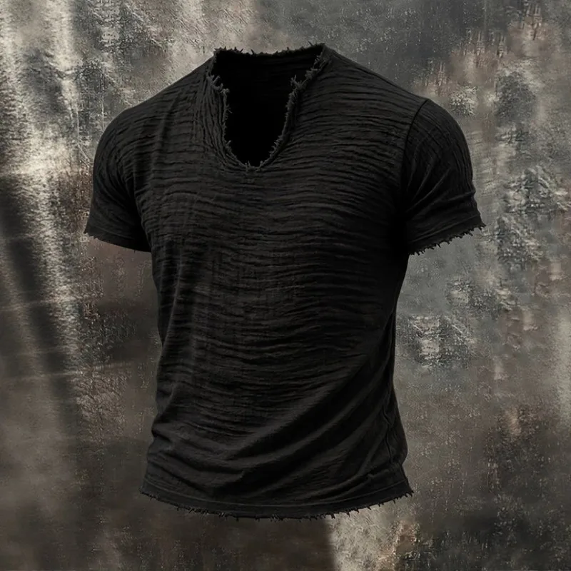 Mens Cotton Linen T Shirt Summer V-neck Casual Retro Street Style Short Sleeve Breathable Solid Color Rough Edge Folds T-Shirts