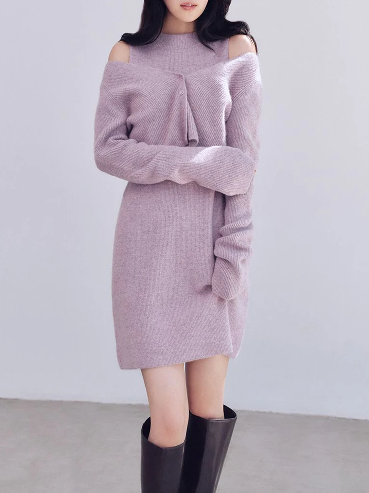 

New Autumn Winter V-ne Knitted Cardigan ort Outerwear Svel round Ne Dr Two-piece Set Casual Sle for Women