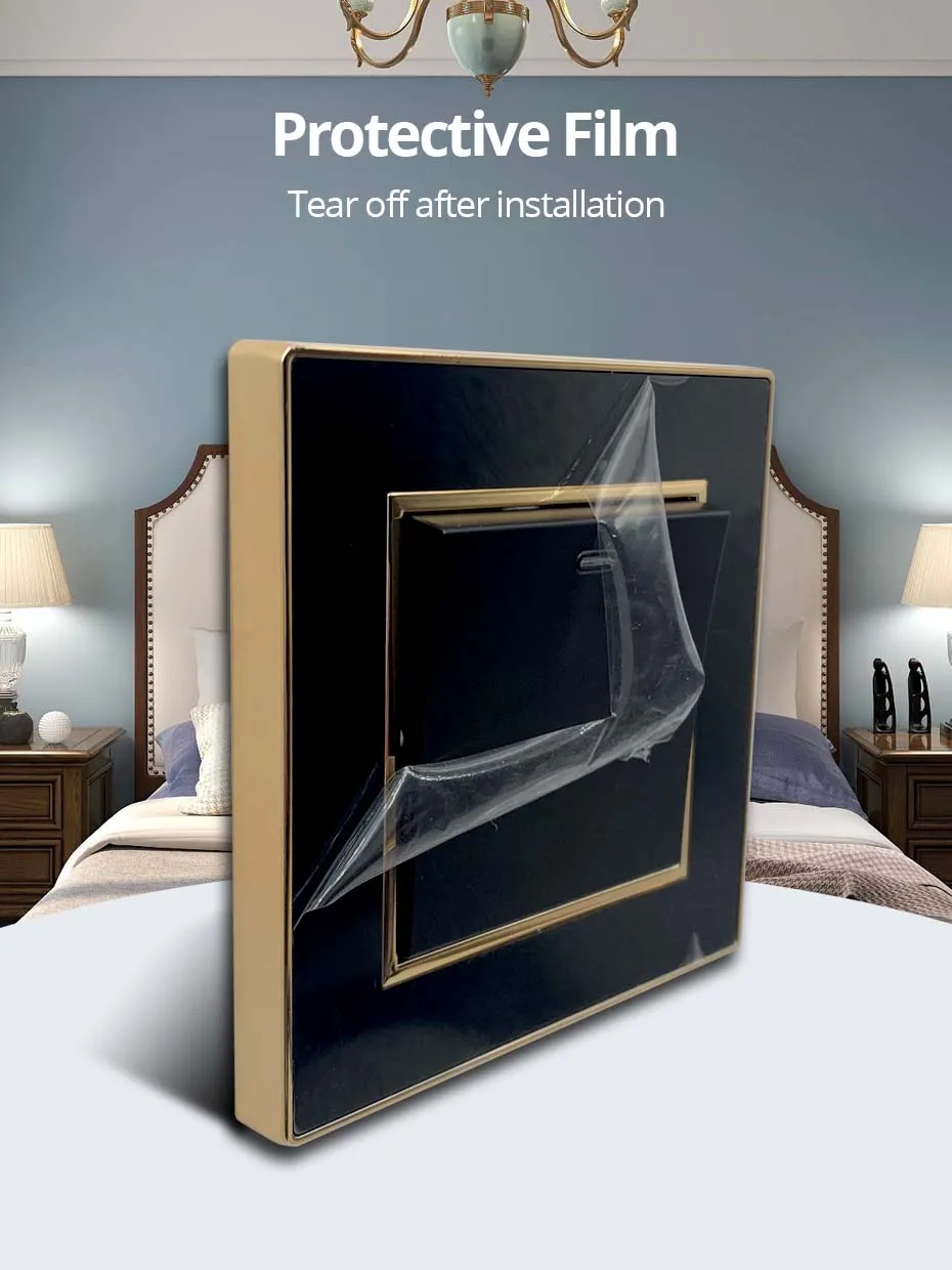 Wallpad EU-Steckdose mit USB, schwarzes Acryl-Panel mit goldenem Rand, 2-Wege-Wandlichtschalter mit LED-Bewegungssensor – Detail 6