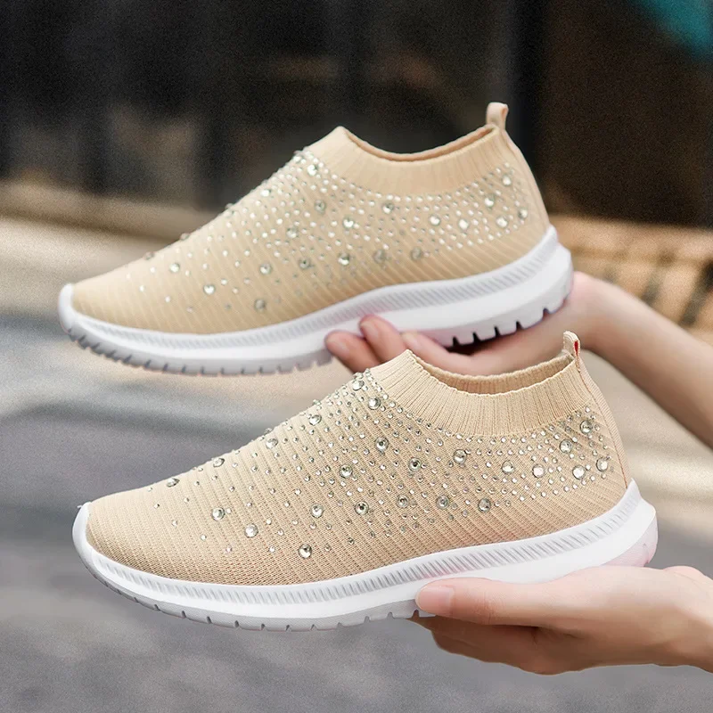 Women Casual Sneakers Knitted Flats Loafers Ladies Slip-on Sock Shoes Women's Luxury Crystal Vulcanized Shoes Zapatillas Mujer