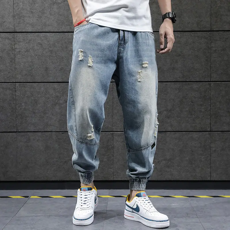 2024 New Hip Hop Harem Jeans Pants Men Loose Joggers Denim Casual Sweatpants Korea Ankle Length Trousers Streetwear Male Clothes