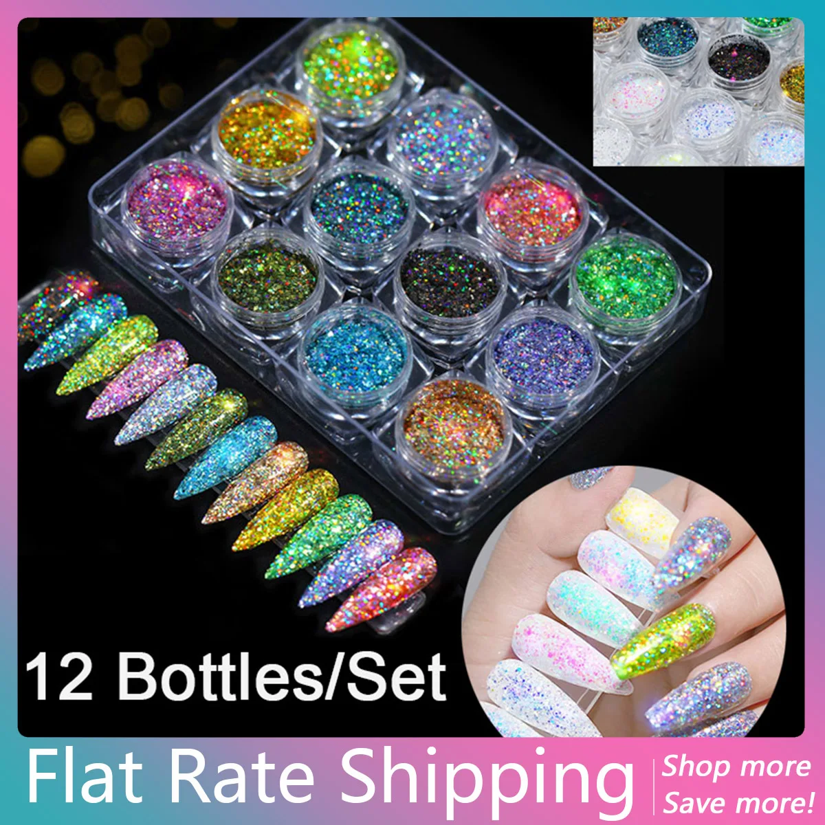 

Flat Rate Shipping 12pcs/set Nail Glitter Powder Flakes Sequins Gold Silver Super Shining Paillette Nail Art Manicure Decoration