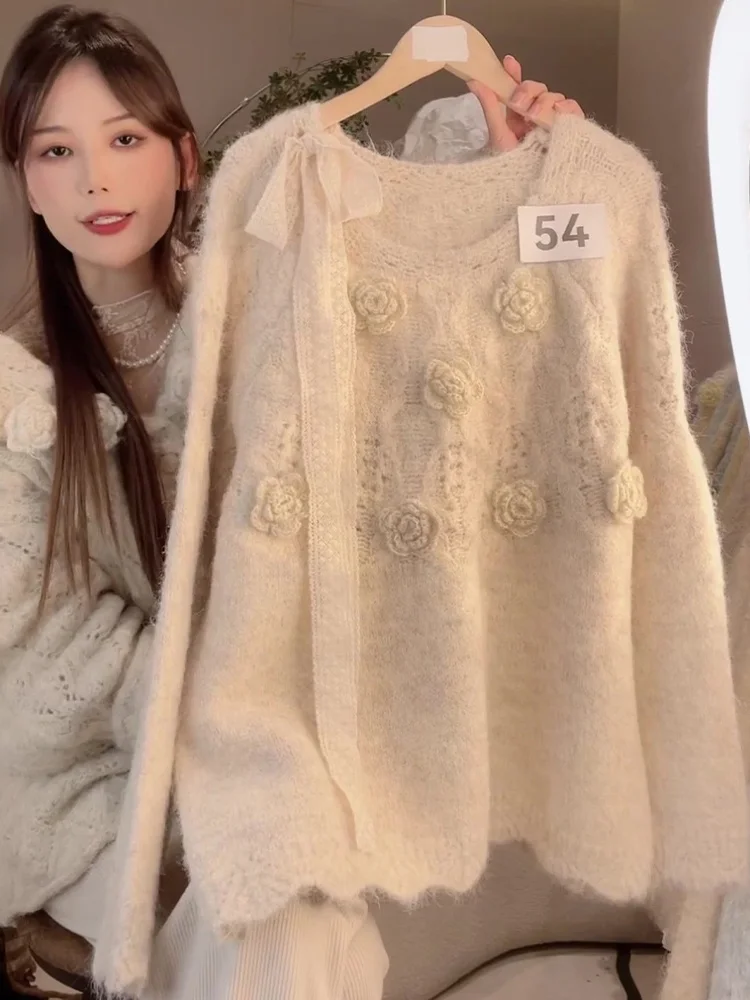 الكورية Sle الجوف خارج ثلاثية الأبعاد زهرة محبوك سترة المرأة فضفاضة كسول Sle سترة علوية الخريف الشتاء جديد وصول ملابس خارجية