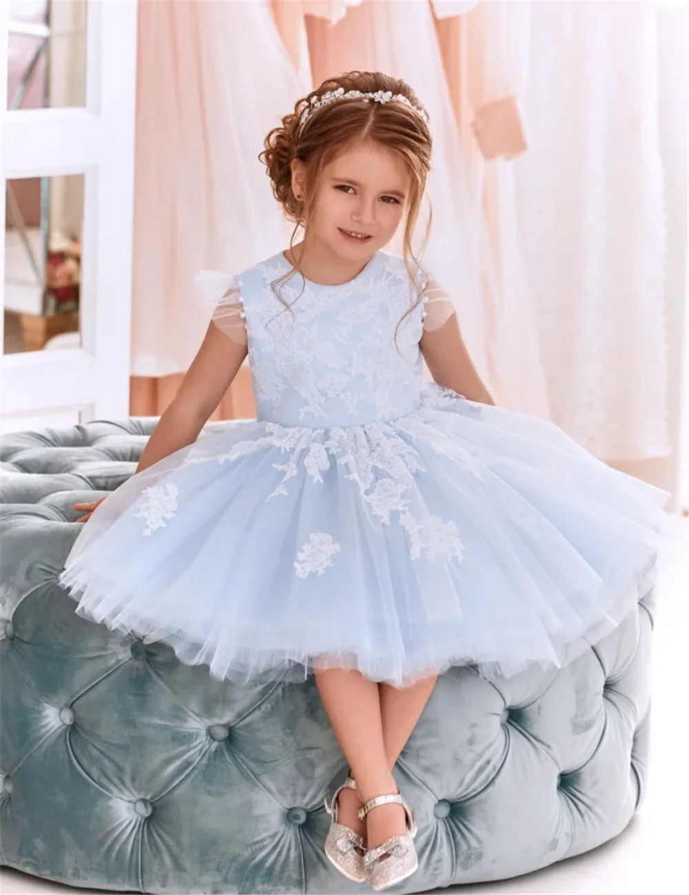 

Blue Puffy Flower Girl Dress For Wedding Lace Knee Length Tulle Pearls First Eucharist Kids Birthday Party Dress Ball Gowns 2024