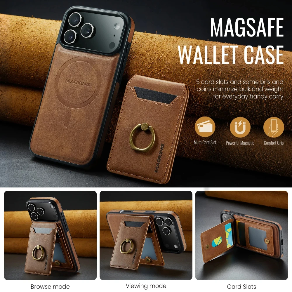 

Leather Phone Case for iPhone 17 Pro Max 16E 17 Air 16 Plus 1514 13 12 Magnetic Detachable RFID Blocking Ring Card Slot Wallet
