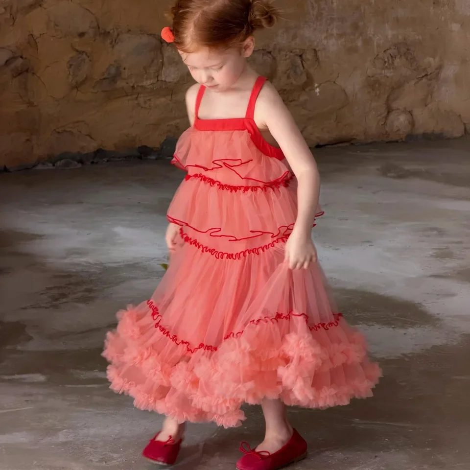 Korean Children Clothing 2026 Summer New Girls' Dress Sleeveless Red Gauze Fluffy Skirt Princess Dress