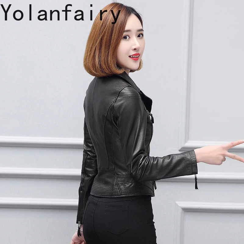 YOLANFAIRY سترة جلدية حقيقية قصيرة للغاية للنساء لربيع وخريف معطف جلد الغنم الحقيقي النحيف ملابس عصرية للدراجات النارية