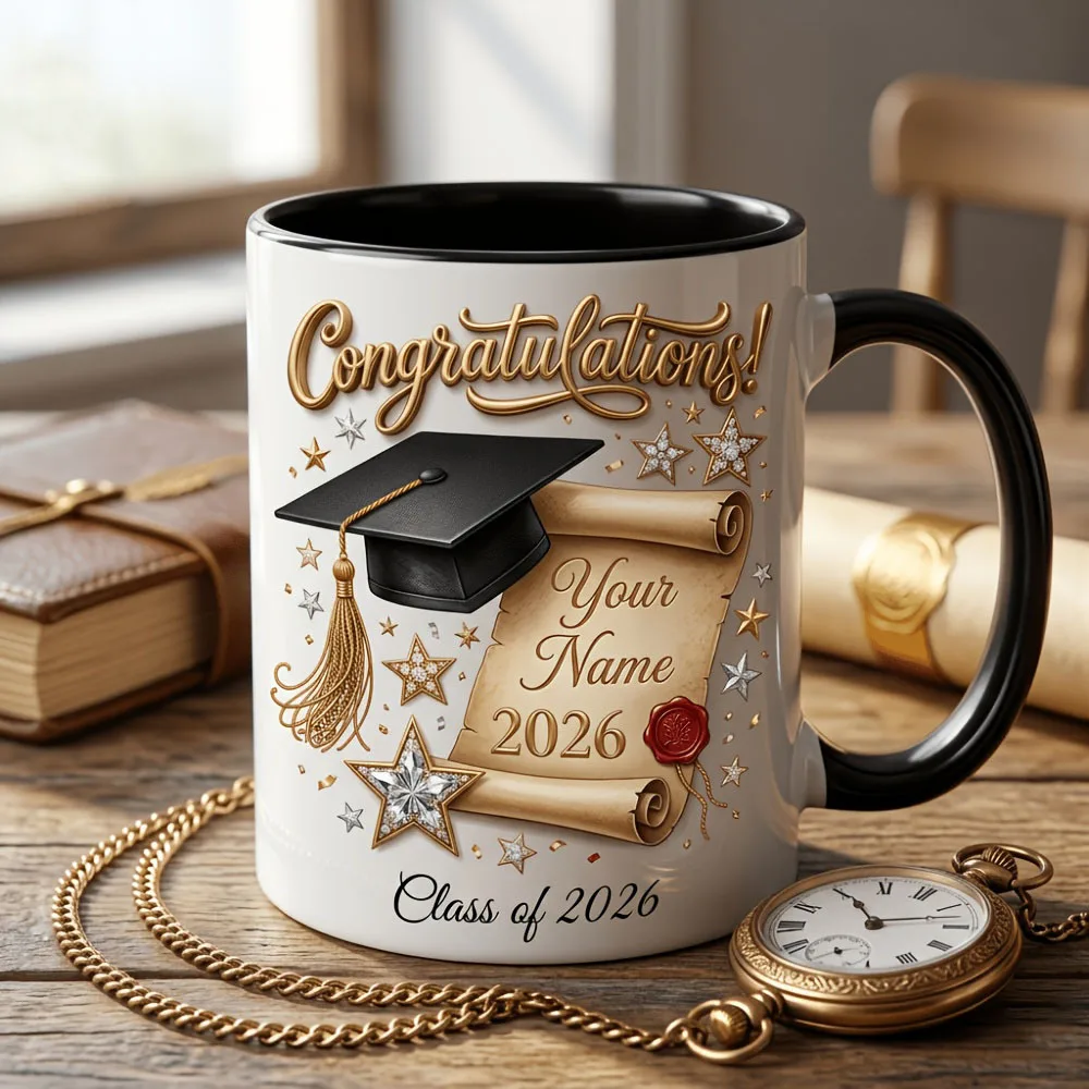 2D Print Custom 2026 Graduation Mug 11oz Coffee Cup Name Gold Diamond Pattern Gift for Graduate