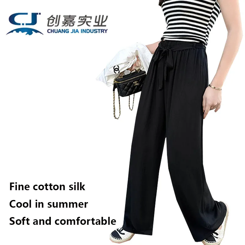 

Летние женские брюки из хлопка и шелка, праздничные повседневные черные прямые брюки на шнуровке, удобные, дышащие, крутые, легкие