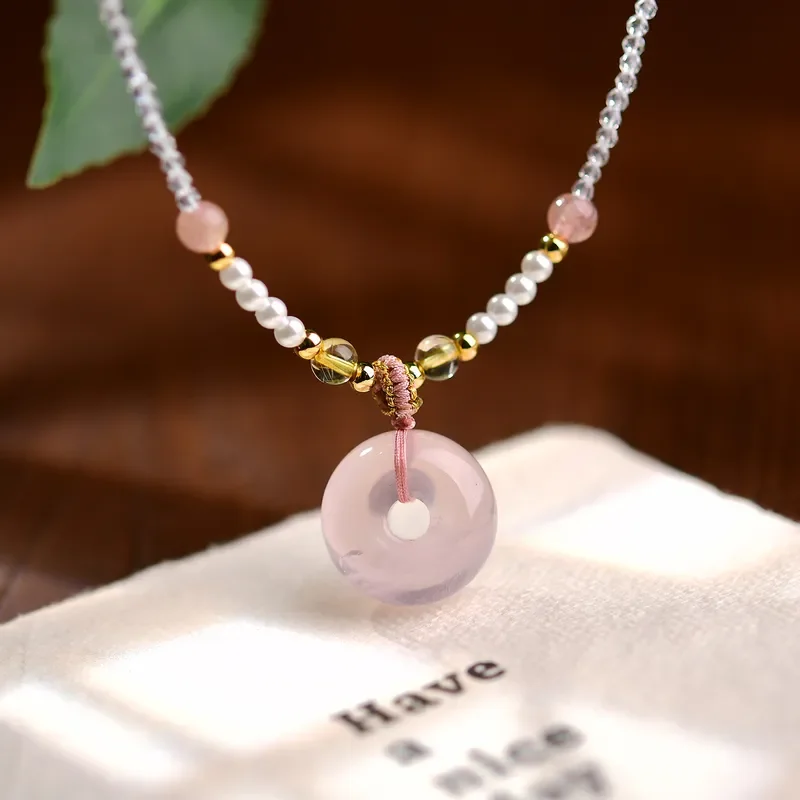 Pink crystal necklace, fresh summer gifts for girls, beaded safety buckle, new Chinese national style powder crystal handmade