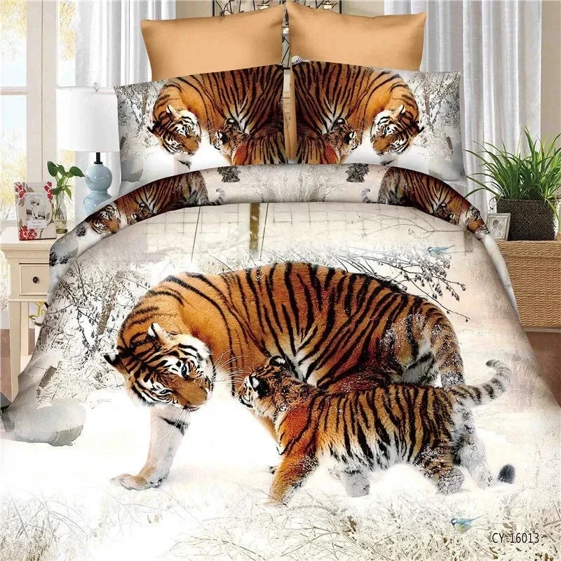 JUSTCHIC Polyester 3D Tiger Print Duvet Cover Set, Full Size Quilt Cover 200x230cm and 2Pcs Pillowcase