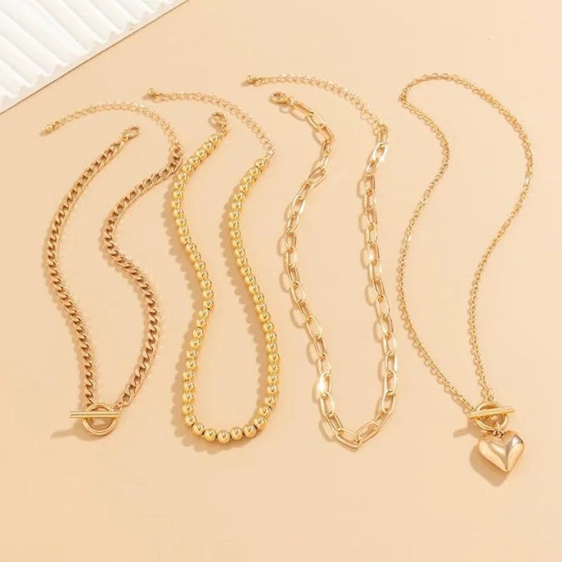 4pcs 14K Gold Palted Stainless Steel Layered Gold Necklace Stack for Women Chunky Herringbone Paperclip Coin Medallion Necklaces