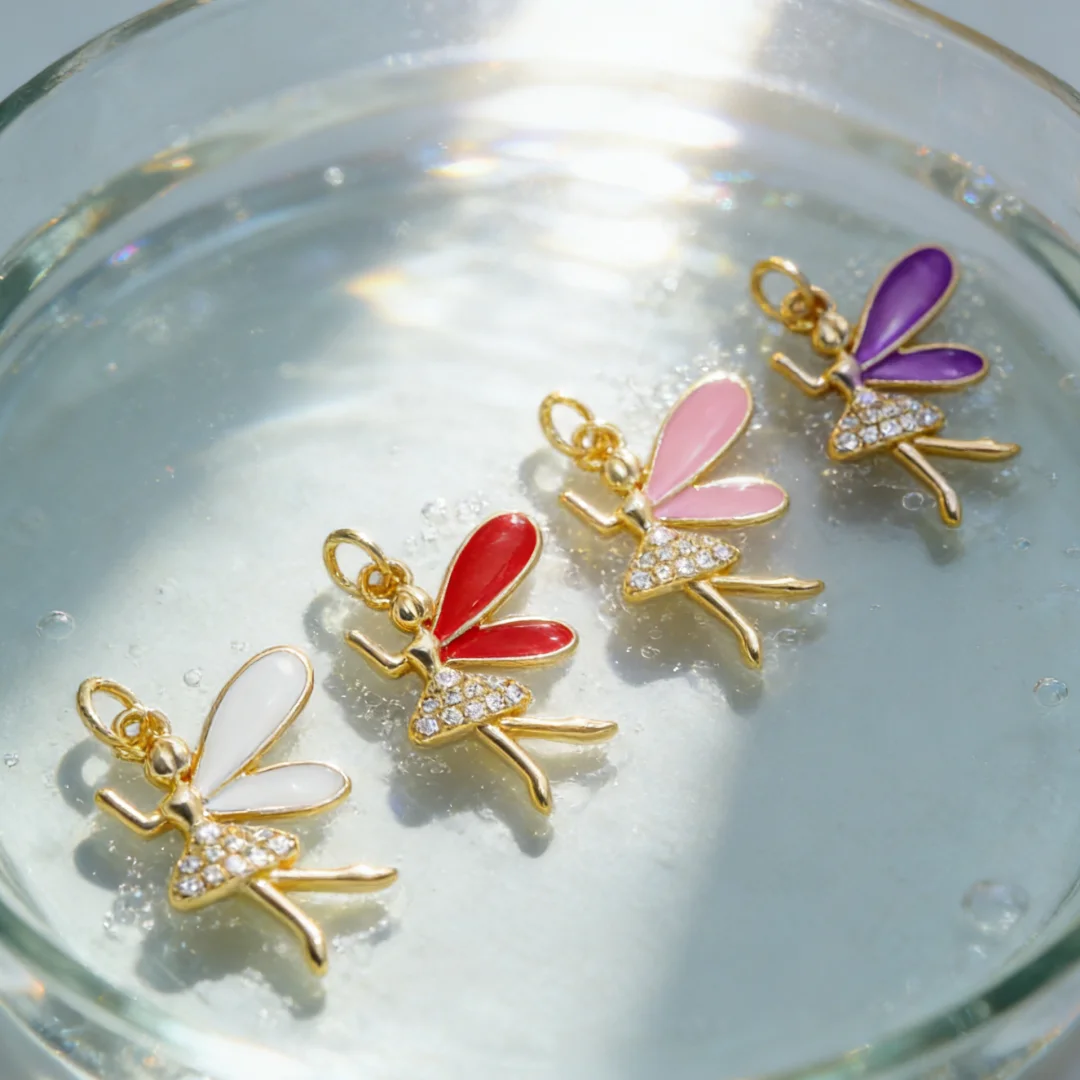 4Pcs Pendants Brass Cubic Zirconia Enamel Fairy Charms Colorful Bling DIY Jewelry Accessories for Necklace Bracelet Making Gifts