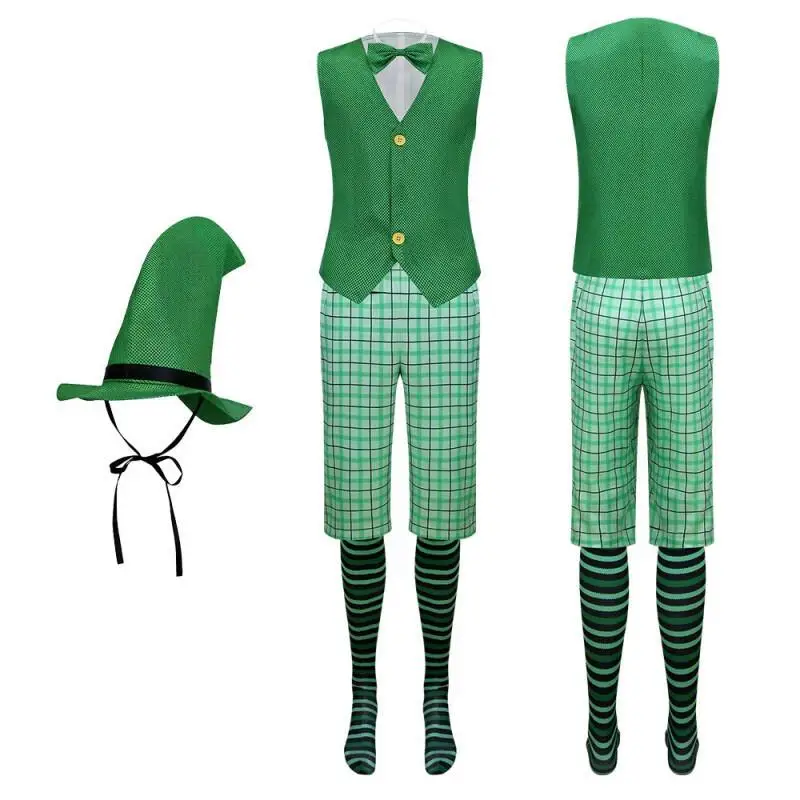 Fantasy-Elfen-Outfit für Erwachsene Männer mit vierblättrigem Kleeblattmuster, St. Patrick's Day Themenkostüm für Bühnenauftritte und Rollenspiele