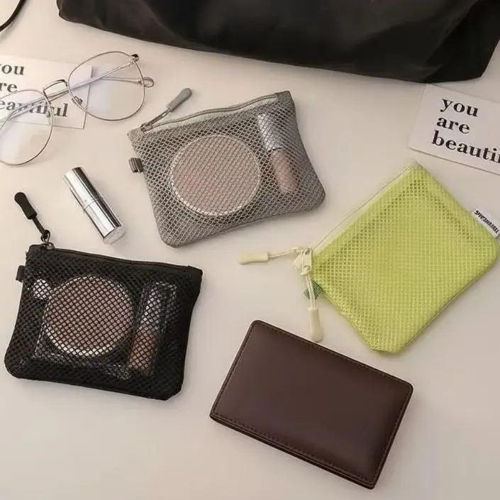Mesh Travel Makeup Bag For Women Portable Mini Cosmetic Pouch Double Layer Zipper Multi-purpose Coin Purse Credit Card Holder